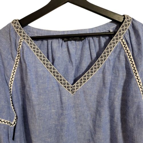 Zara Top Women's Large Blue Embroidered Aztec Linen Blend Long Sleeve - Picture 2 of 7
