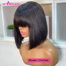 Straight Human Hair Wigs With Bangs Bone No Lace Full Machine Made Fringe Wig