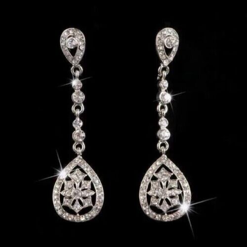 Round Cut Simulated Diamond Women's Drop Dangle Earrings 14K White Gold Plated - Afbeelding 1 van 4