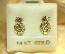 6.5MM SOLID 14K YELLOW GOLD DC TEXTURED HAWAIIAN PINEAPPLE SMALL STUD EARRINGS