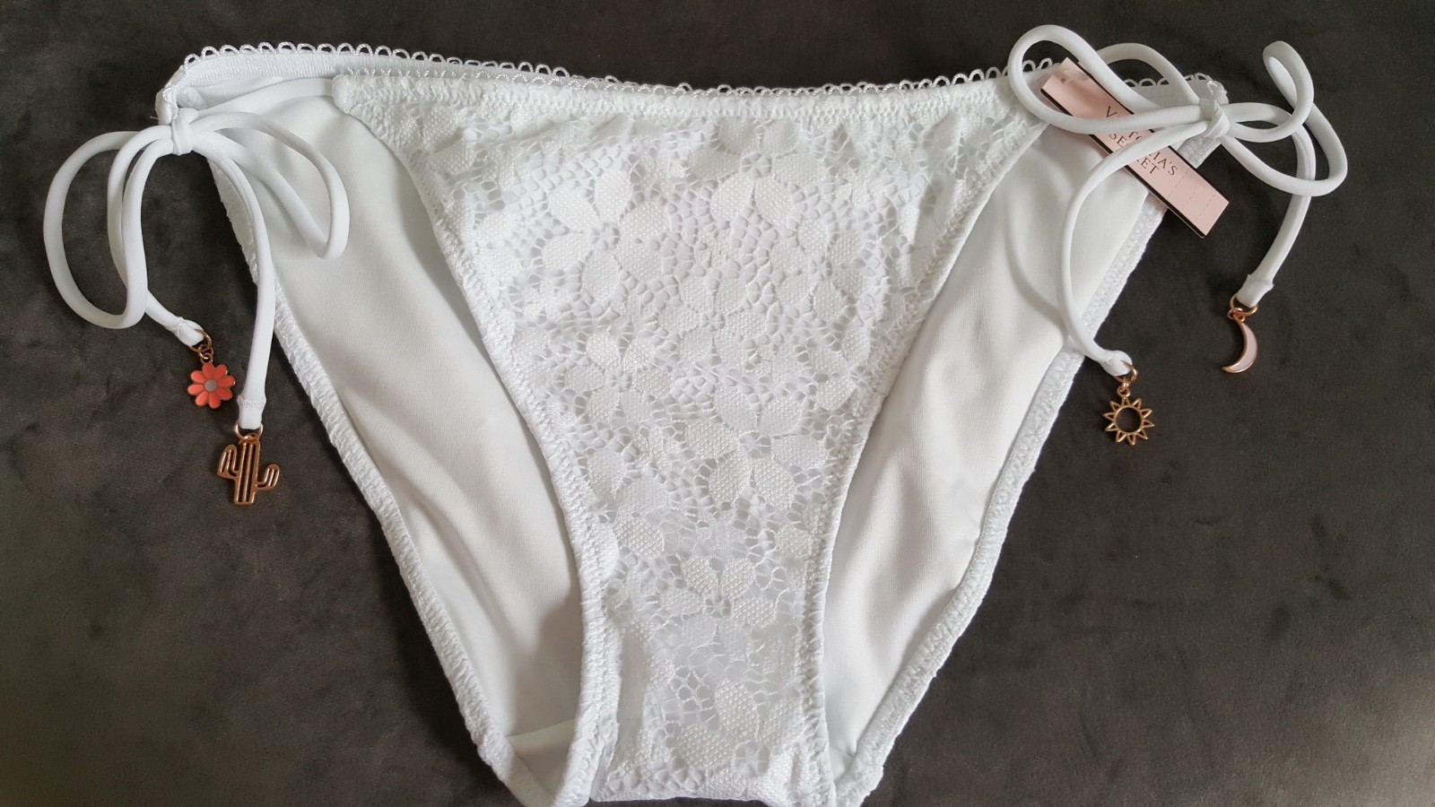 NEW Victoria's Secret White Swimwear Lace Floral Teeny Charms Ties Bikini Bottom