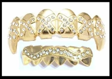 14K Gold Plated Lab Diamond Vampire Fangs Teeth Grillz Set + Mold at Home Kit