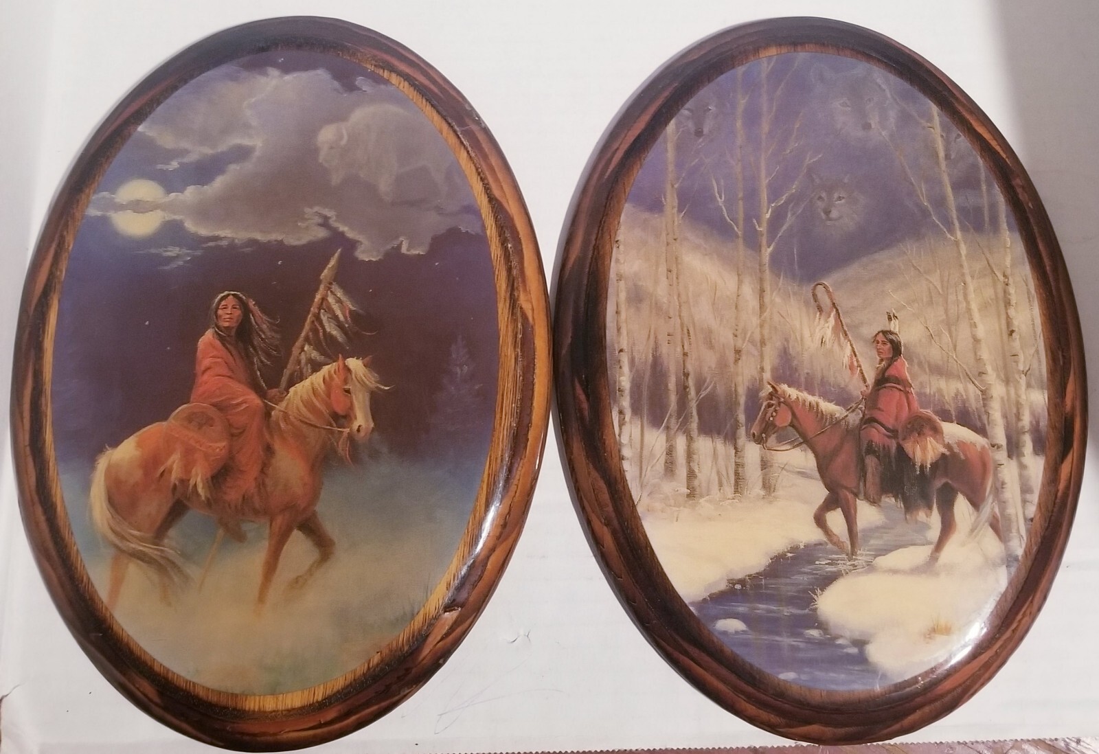 VINTAGE 2 Native American Art Scenes On Wood Laquered, Ready To Hang! 11.5x8.5"