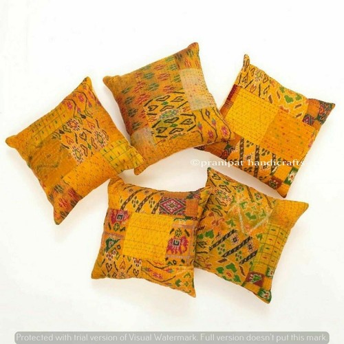 Set of 5 Yellow Silk Patola Patchwork Cushion Cover Home Decor Boho Pillow Cases - Picture 1 of 5