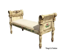 Vintage French Country Creme White Bench ~ Hand Painted Antique Finish Floral