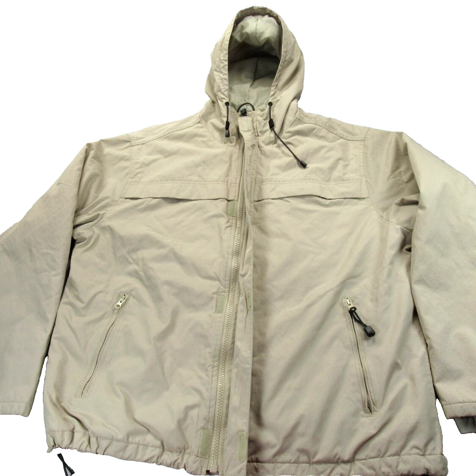 Vintage Eddie Bauer Jacket Mens XL Beige Hooded Pockets Insulated Full Zip Nylon