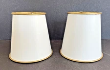 NEW Set of 2 White Empire Shaped Clip On Shades 5" Hard Back Gold Trim Candelabr