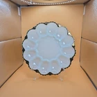 VTG Anchor Hocking Fire King Milk Glass Deviled Egg Plate Gold Trim Textured