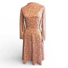 Vintage Peach Floral Print Long Sleeve Midi Dress Mock Neck A Line Women's Small