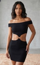 ARC Black Ribbed Cut Out Mini Dress Off Shoulder Bodycon Ring Detail Stretch