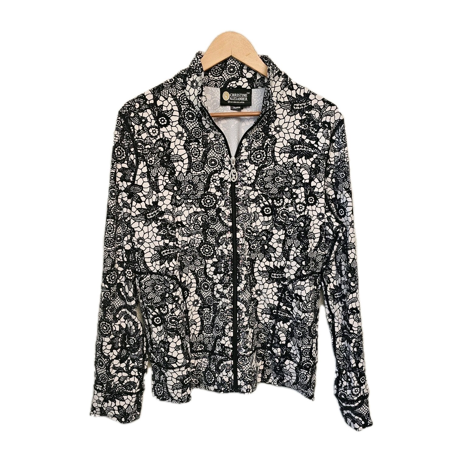 Christine Alexander Swarovski Crystal Zip-Up Jacket Black | White Ivory Size XL