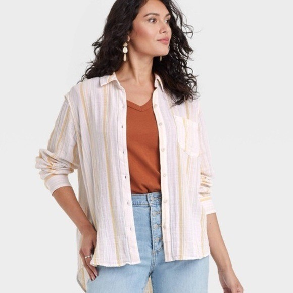 Universal Thread cream yellow Gauze Button Down S… - image 1