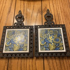 Vintage Trivet Ceramic Tile Cast Iron Hot Plate Japan Retro