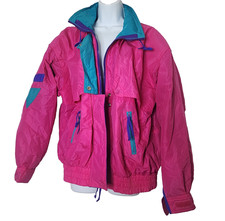 Vintage 80s Pink Ski Jacket Size Medium Purple Teal Retro Nylon Windbreak EUC