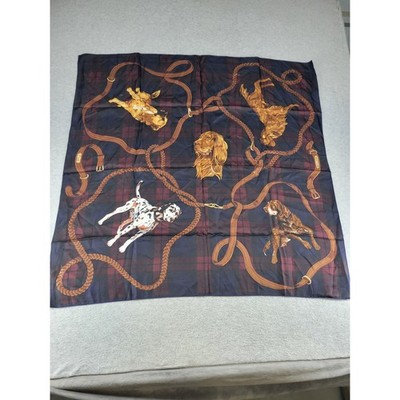 Polo Ralph Lauren Silk Scarf Navy Burgundy Plaid Dog Belt Motif 34'' Square Japan