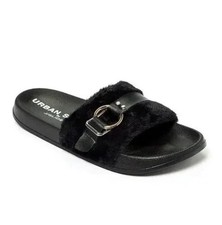 Urban Sport J Slides Women Black Faux Fur Buckle Slip on Size 6 NWOT