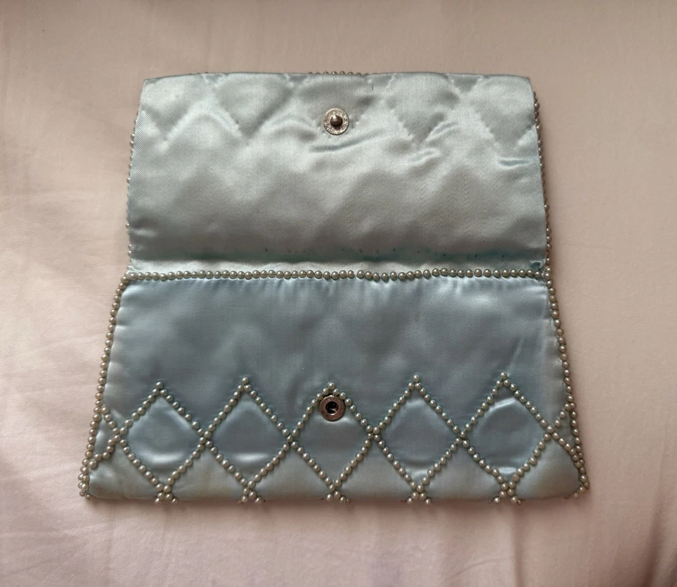 Cartera delgada vintage satinada azul pálido con cuentas a mano, bolso de mano, bolso de noche Foto 3 de 4