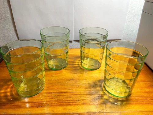 4 - Green Uranium Block Optic Depression Glass Tumblers 3 3/4" Tall