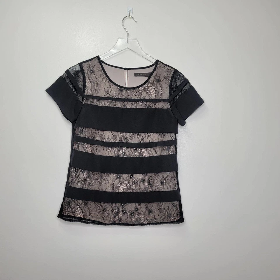 Top de encaje floral The Limited XS negro manga corta cuello redondo fiesta caprichosa Foto 3 de 4