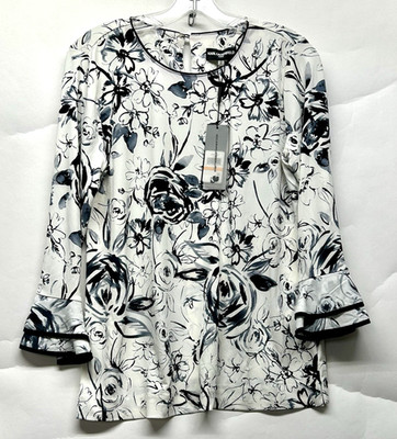 Karl Lagerfeld Paris Women's Small White/Black Floral Polyester Blend Blouse Top