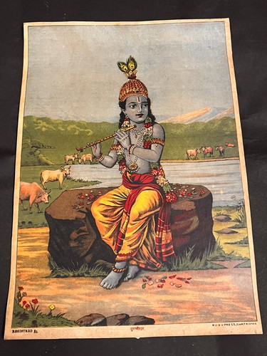 Vintage Ravi Varma Press Lithograph Print Hindu God Murlidhar Krishna Rare Colle