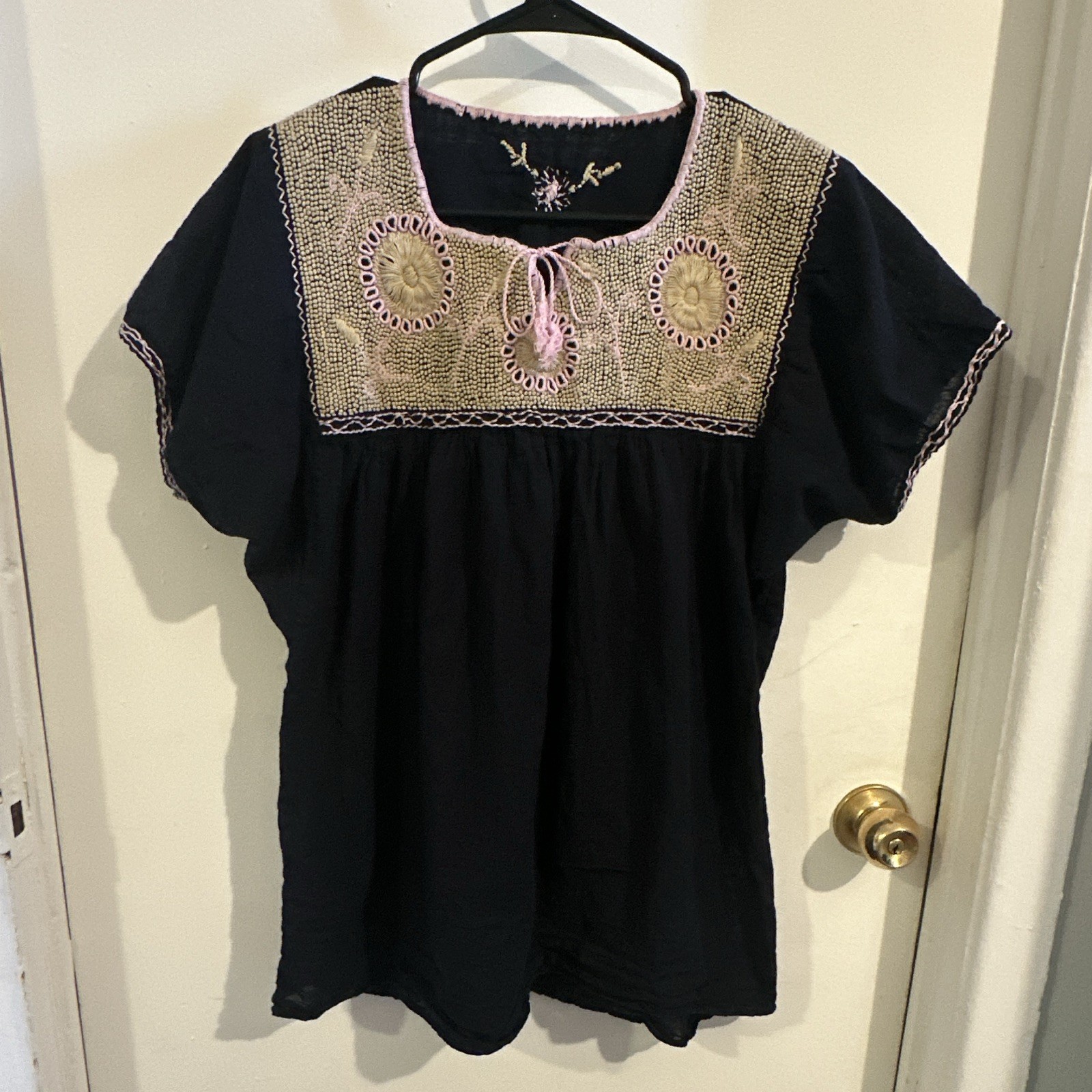 Women's Black Cotton Woven Peasant Blouse Floral Embroidered Tie Neck Sleeve