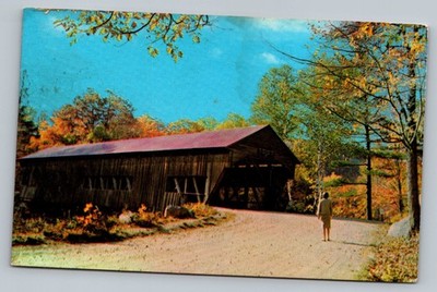 Old Wood Covered Bridge Fall Foliage Trees Surrounding Vintage Postcard