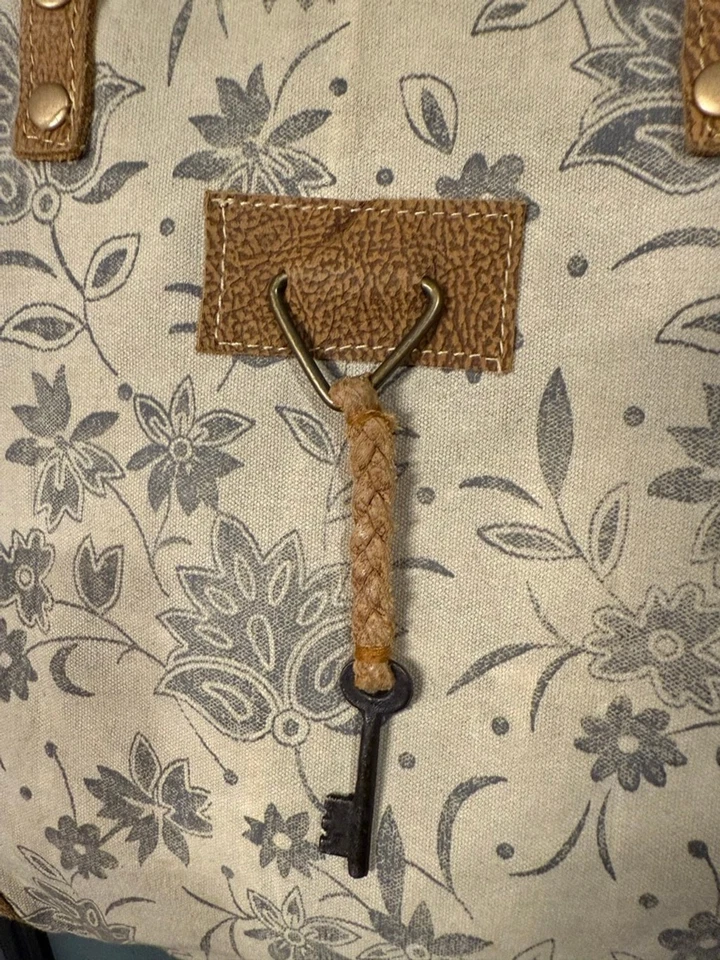 Myra сумка цветочный холст сумка с короткими ручками с кожаными акцентами бежевый серый - Изображение 3 из 4