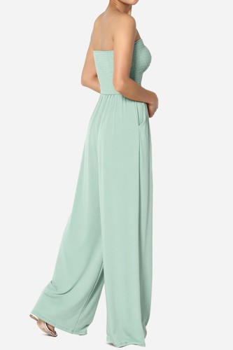 TheMogan Strapless Wide Leg Jumpsuit Casual Smocked Bodice Flowy Pants One-Piece - Picture 43 of 49
