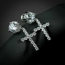 Sterling Silver Cz Iced Stud Cross Drop Hanging 2pc Dangle Hoop Mens Earrings