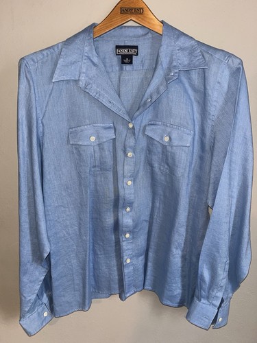 Vintage Lands’ End Women’s Size 18 Blue 100% Linen Long Sleeve Button-Up Blouse