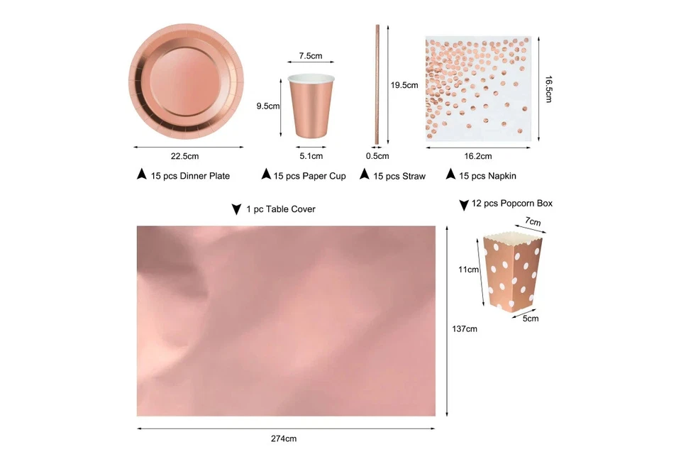 Roségold Geburtstagsdeko Partygeschirr Pappteller Set 73 Teilig - Bild 4 von 4