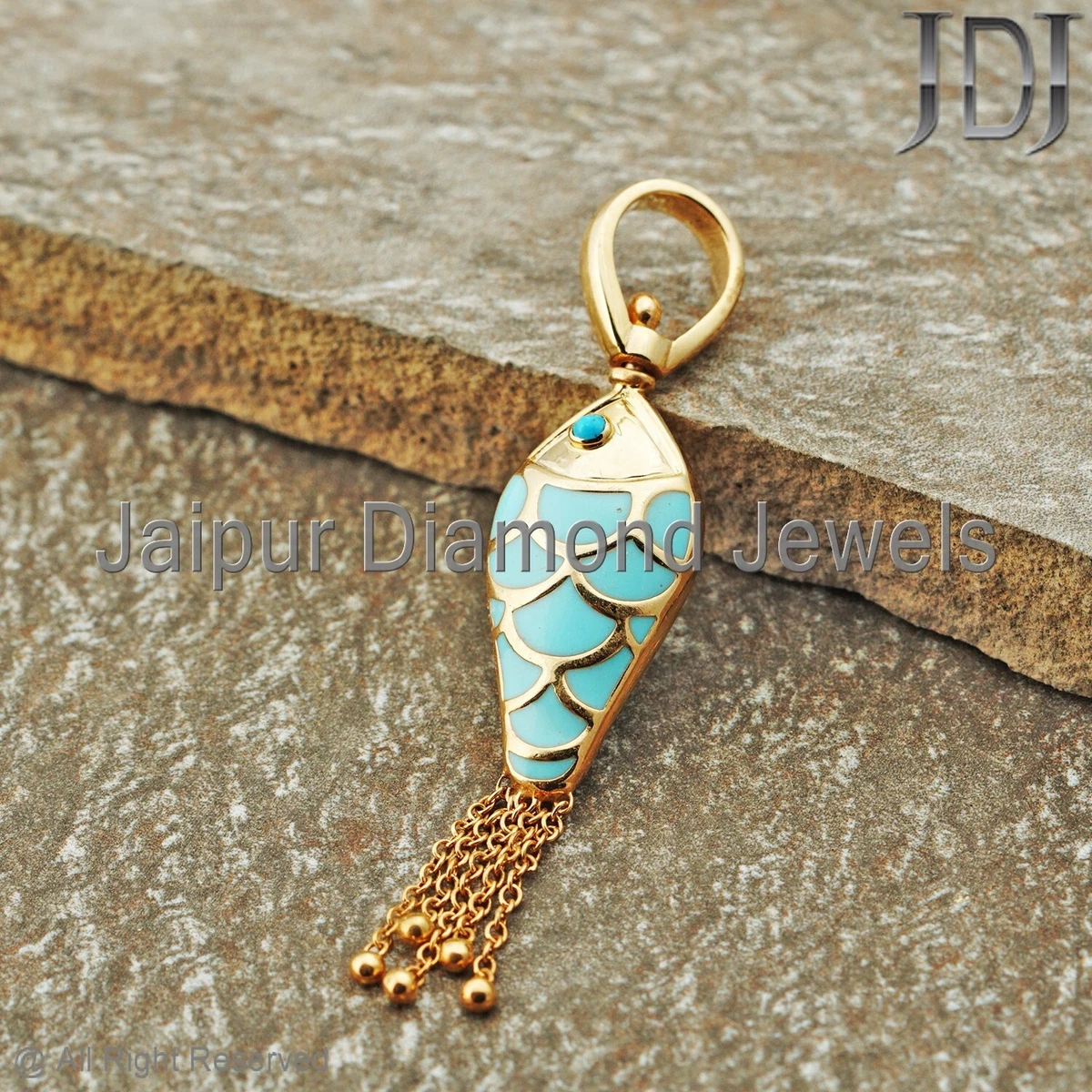 Natural Turquoise Gemstone Solid 14k Yellow Gold FISH Charm Enamel