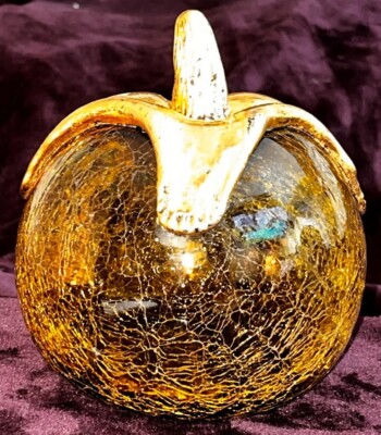 vtg Pumpkin apple crackle glass handblown painted stem figurine deco 5''x5''x5''