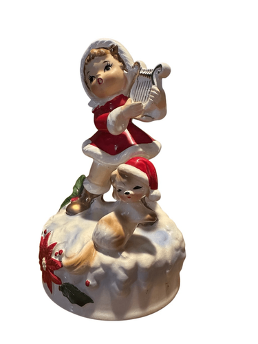 Music Box Natalizio Vintage Lefton Ceramica Pixie Bambina con Arpa e Cane 6,5” Retrò - Foto 8 di 12