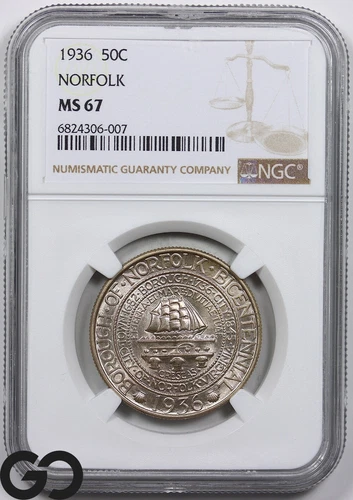 1936 Norfolk Commemorative Half Dollar, NGC MS-67 * Premium Quality Better Date!