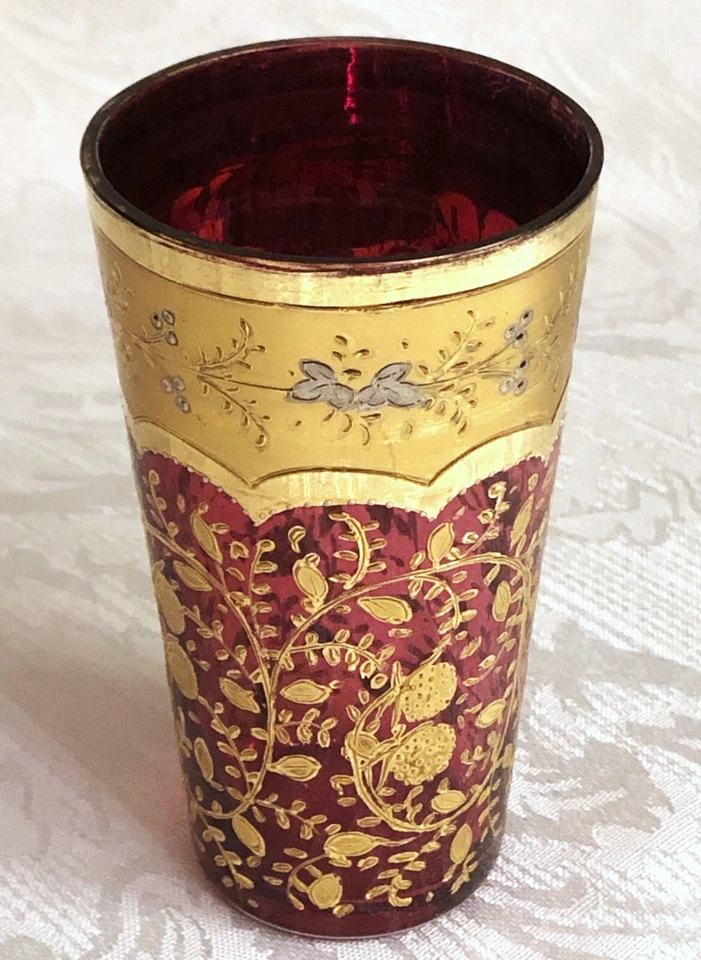 ANTIQUE MOSER RUBY GLASS GOLD AND PLATINUM BOHEMIAN BEAKER TUMBLER - Image 3 of 4