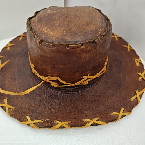 Unisex Handcrafted Brown Rustic Leather Western Hat Mexico Needs New Lacing - Picture 4 of 11