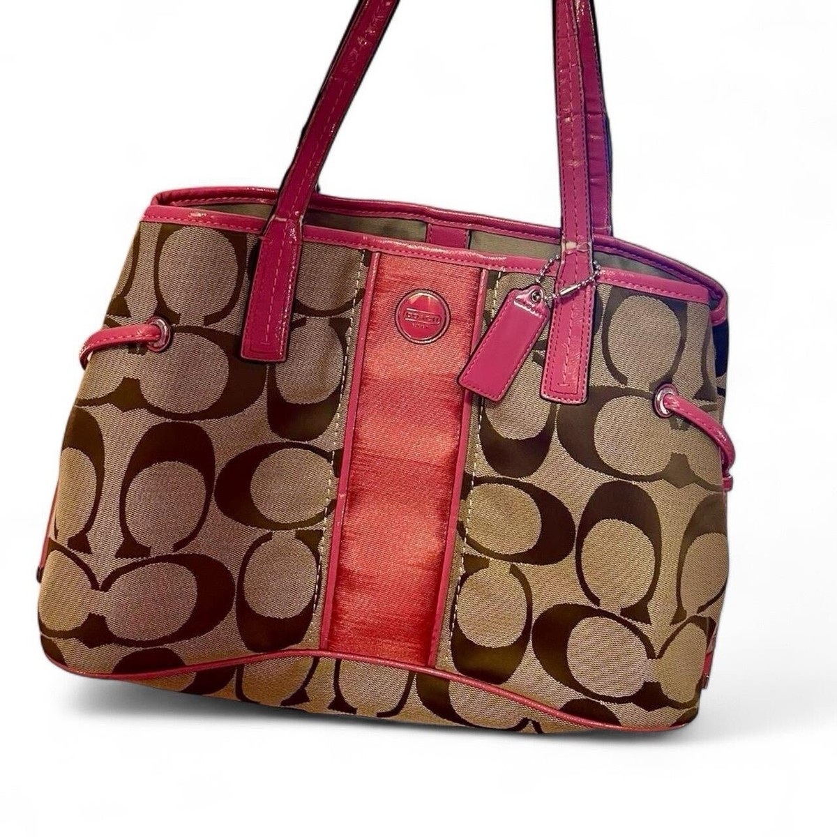 Coach Pink Stripe Signature Khaki Tote F21949 Y2K Shoulder