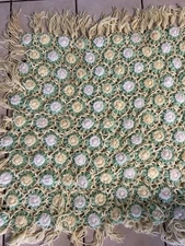 VTG Handmade Granny Afghan Throw Quilt Blanket 31x31" Green Yellow White Fringe