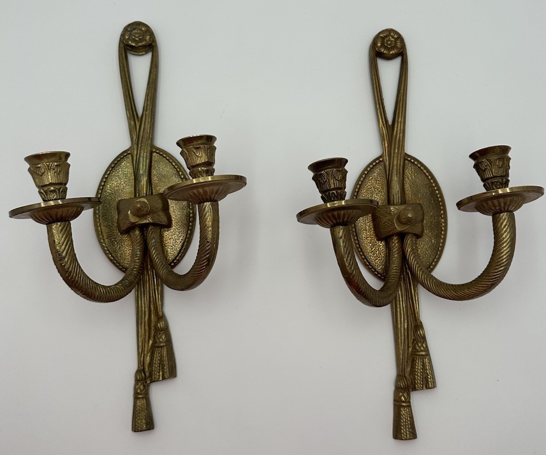 Vintage Pair French Louis XVI Brass Double Taper Candle Wall Sconces