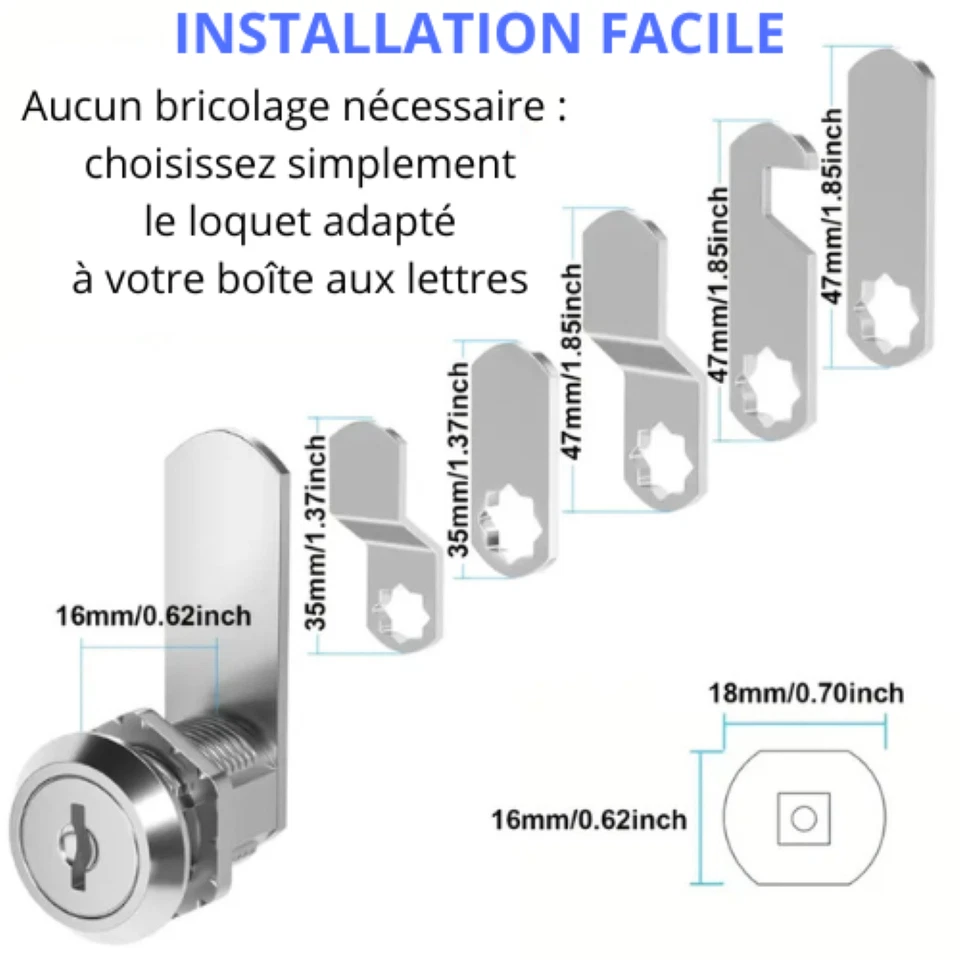 Serrure boîte aux lettres 16 mm + 4 clés Barillet batteuse kit complet standard - Photo 3/4