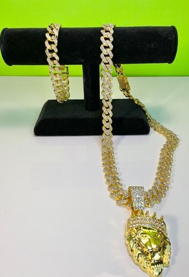 Lion King Pendant Necklace Bracelet Lot Hip Hop Iced 20  Inches CZ Chain Cuban