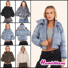 Hooded Crop Puffer Jacket Womens Long Sleeve Ladies Padded Zip Short Winter Coat