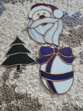 Vintage Santa Claus, Present Tree Stained Glass Sun Catchers. MINT