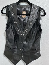 Tribe America Black Leather Fringe Vest Western Motorcycle , Studded Conchos,