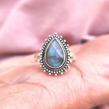 Natural Labradorite Ring 925 Sterling Silver Oval Boho Statement Ring USA Seller