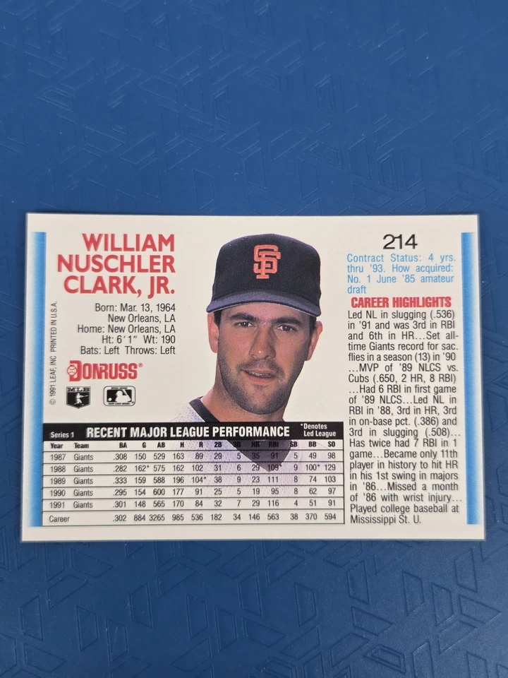 1992 Donruss #214 Will Clark San Francisco Giants BASEBALL Card 1A - Image 2 of 2