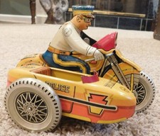 Vintage Marx Tin Litho Motorcycle W/ Sidecar Wind Up 3 Police Squad - Works EX