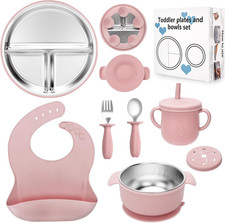 Stainless Steel Kids Plates and Bowls Set with Suction, Divided Baby Plate and T